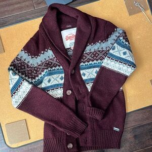 SUPERDRY Nordic Maroon Cardigan Medium Fair Isle Pattern Chalet